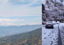 a collage of a car driving on a snowy road उत्तराखंड टूरिस्ट स्पॉट