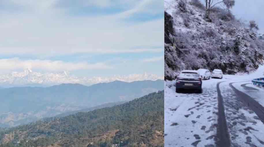 a collage of a car driving on a snowy road उत्तराखंड टूरिस्ट स्पॉट